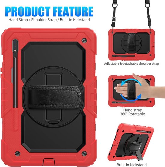 Samsung Galaxy Tab S8/S7 11 inch Hoesjes – Schokbestendig – Screenprotector + handriem/schouderriem – Rood-Tablethoesjes-Ilumina Benelux