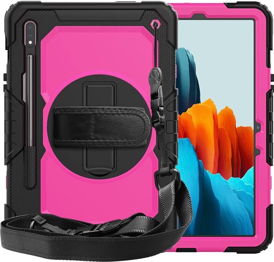 Samsung Galaxy Tab S8/S7 11 inch Hoesjes – Schokbestendig – Screenprotector + handriem/schouderriem – Roze/Zwart-Tablethoesjes-Ilumina Benelux