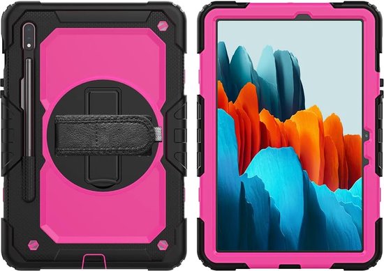Samsung Galaxy Tab S8/S7 11 inch Hoesjes – Schokbestendig – Screenprotector + handriem/schouderriem – Roze/Zwart-Tablethoesjes-Ilumina Benelux