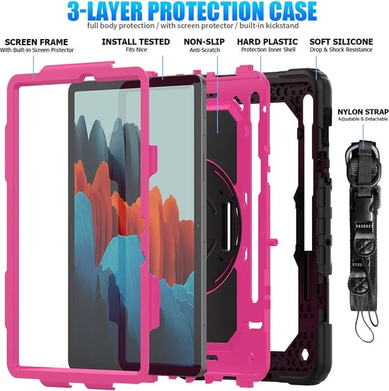 Samsung Galaxy Tab S8/S7 11 inch Hoesjes – Schokbestendig – Screenprotector + handriem/schouderriem – Roze/Zwart-Tablethoesjes-Ilumina Benelux