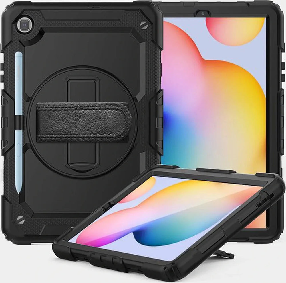 Samsung Tab S6 Lite 10.4 P610 – Kids Armor Case Hoesjes – Schokbestendig – Handstrap & Schouderband – Zwart/Zwart-Tablethoesjes-Ilumina Benelux