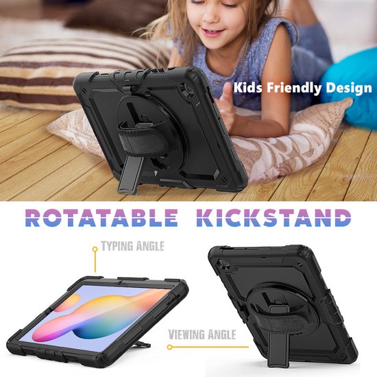 Samsung Tab S6 Lite 10.4 P610 – Kids Armor Case Hoesjes – Schokbestendig – Handstrap & Schouderband – Zwart/Zwart-Tablethoesjes-Ilumina Benelux