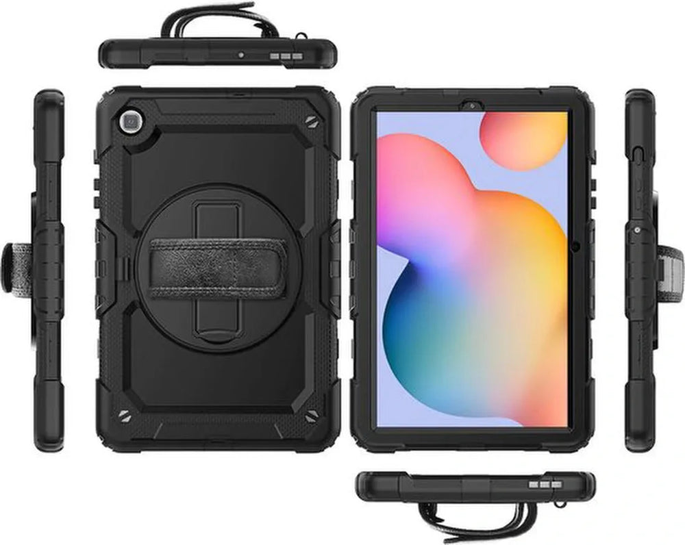 Samsung Tab S6 Lite 10.4 P610 – Kids Armor Case Hoesjes – Schokbestendig – Handstrap & Schouderband – Zwart/Zwart-Tablethoesjes-Ilumina Benelux