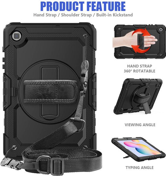 Samsung Tab S6 Lite 10.4 P610 – Kids Armor Case Hoesjes – Schokbestendig – Handstrap & Schouderband – Zwart/Zwart-Tablethoesjes-Ilumina Benelux