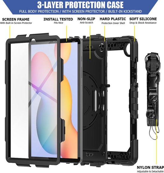 Samsung Tab S6 Lite 10.4 P610 – Kids Armor Case Hoesjes – Schokbestendig – Handstrap & Schouderband – Zwart/Zwart-Tablethoesjes-Ilumina Benelux