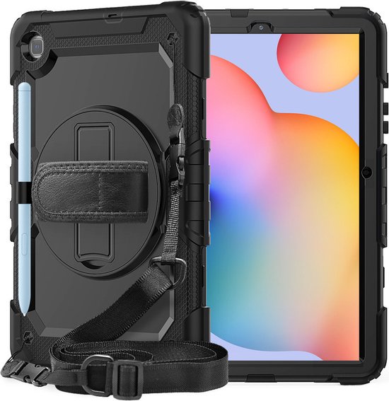 Samsung Tab S6 Lite 10.4 P610 – Kids Armor Case Hoesjes – Schokbestendig – Handstrap & Schouderband – Zwart/Zwart-Tablethoesjes-Ilumina Benelux