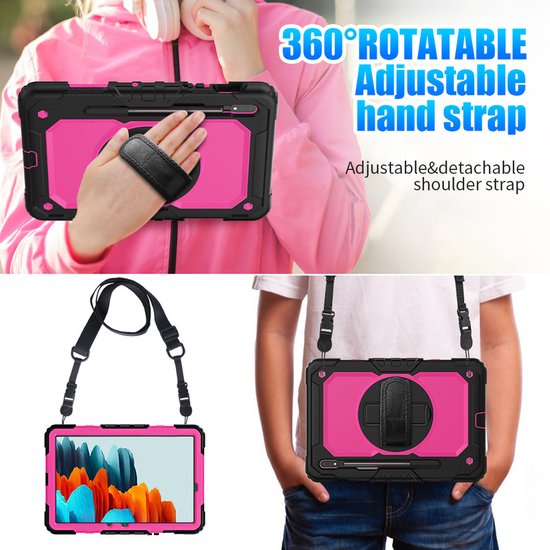 Samsung Tab S7 11.0 T870 & Galaxy Tab S8 – Kids Armor Case Hoesjes – Schokbestendig – Handstrap/Schouderband – Roze/Zwart-Tablethoesjes-Ilumina Benelux