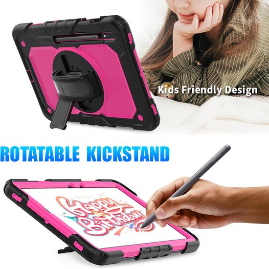 Samsung Tab S7 11.0 T870 & Galaxy Tab S8 – Kids Armor Case Hoesjes – Schokbestendig – Handstrap/Schouderband – Roze/Zwart-Tablethoesjes-Ilumina Benelux