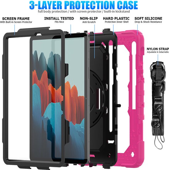 Samsung Tab S7 11.0 T870 & Tab S8 – Armor Case Hoesjes – Schokbestendig – Handstrap & Schouderband – Zwart/Roze-Tablethoesjes-Ilumina Benelux