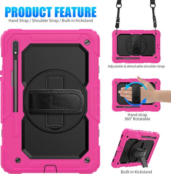 Samsung Tab S7 11.0 T870 & Tab S8 – Armor Case Hoesjes – Schokbestendig – Handstrap & Schouderband – Zwart/Roze-Tablethoesjes-Ilumina Benelux