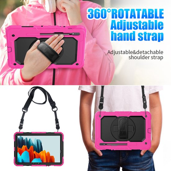 Samsung Tab S7 11.0 T870 & Tab S8 – Armor Case Hoesjes – Schokbestendig – Handstrap & Schouderband – Zwart/Roze-Tablethoesjes-Ilumina Benelux