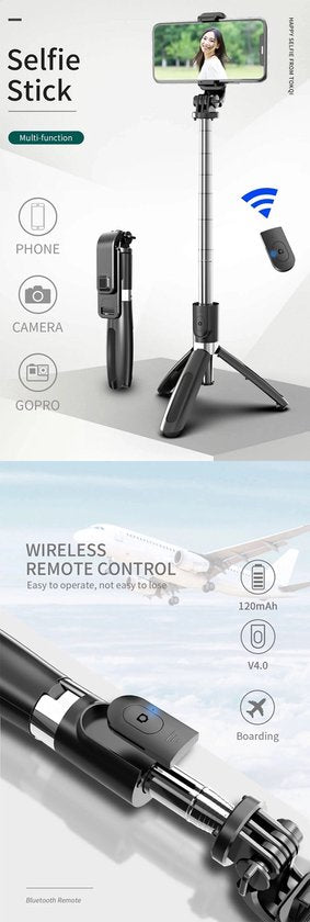 Selfie Stick – 3-in-1 Tripod Monopod – Bluetooth Afstandsbediening – Geschikt voor iPhone & Samsung – Zwart-Selfiesticks-Ilumina Benelux