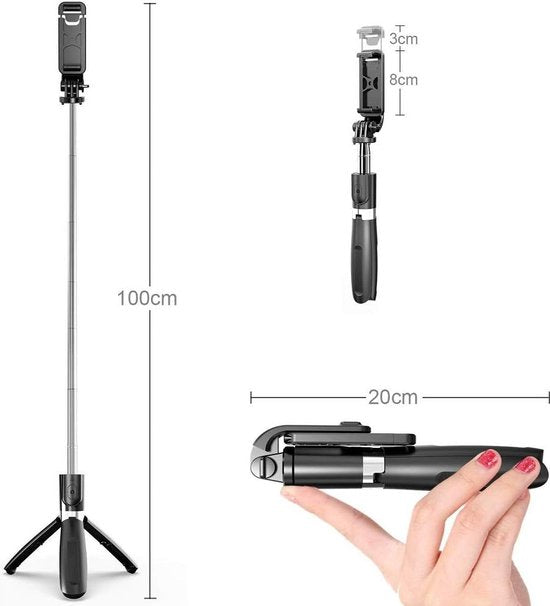 Selfie Stick – 3-in-1 Tripod Monopod – Bluetooth Afstandsbediening – Geschikt voor iPhone & Samsung – Zwart-Selfiesticks-Ilumina Benelux