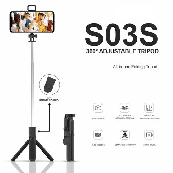 Selfie Stick Tripod – Bluetooth Afstandsbediening – Fill Light Verlichting – Universeel Geschikt voor iPhone & Samsung – Zwart-Selfiesticks-Ilumina Benelux