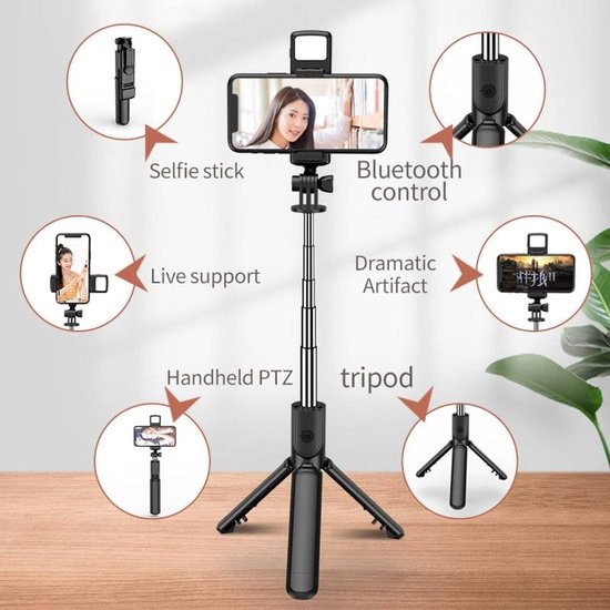 Selfie Stick Tripod – Bluetooth Afstandsbediening – Fill Light Verlichting – Universeel Geschikt voor iPhone & Samsung – Zwart-Selfiesticks-Ilumina Benelux