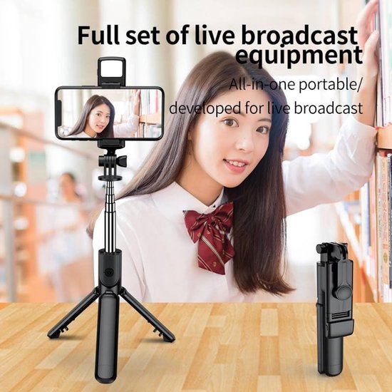 Selfie Stick Tripod – Bluetooth Afstandsbediening – Fill Light Verlichting – Universeel Geschikt voor iPhone & Samsung – Zwart-Selfiesticks-Ilumina Benelux