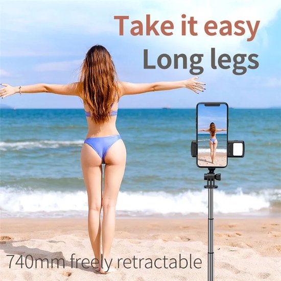 Selfie Stick Tripod – Bluetooth Afstandsbediening – Fill Light Verlichting – Universeel Geschikt voor iPhone & Samsung – Zwart-Selfiesticks-Ilumina Benelux