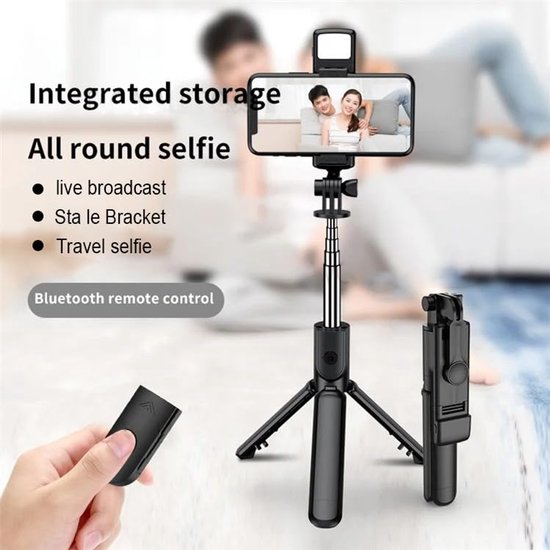 Selfie Stick Tripod – Bluetooth Afstandsbediening – Fill Light Verlichting – Universeel Geschikt voor iPhone & Samsung – Zwart-Selfiesticks-Ilumina Benelux