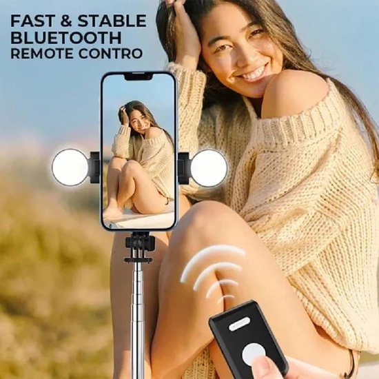 Selfiestick met statief – Bluetooth afstandsbediening – 6-in-1 tripod – Dubbele fill light – Geschikt voor iPhone & Samsung – Zwart-Selfiesticks-Ilumina Benelux