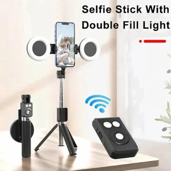 Selfiestick met statief – Bluetooth afstandsbediening – 6-in-1 tripod – Dubbele fill light – Geschikt voor iPhone & Samsung – Zwart-Selfiesticks-Ilumina Benelux