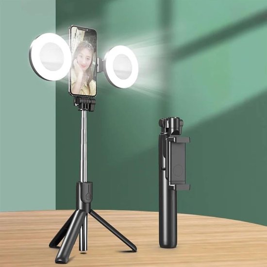 Selfiestick met statief – Bluetooth afstandsbediening – 6-in-1 tripod – Dubbele fill light – Geschikt voor iPhone & Samsung – Zwart-Selfiesticks-Ilumina Benelux