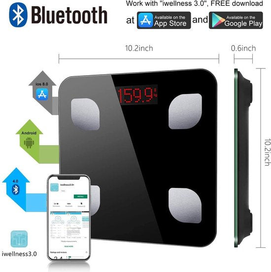 Slimme Weegschaal met Lichaamsanalyse – Bluetooth Personenweegschaal met App – 8 Lichaamswaardes – iOS & Android – 150 kg-Personenweegschaal-Ilumina Benelux