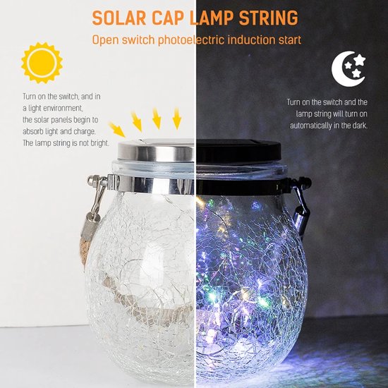 Solar Tuinlampen Buiten – Gebarsten Glazen Pot – 20 LED Koperdraad – IP65 Waterdicht – Warm Wit-Lantaarn-Ilumina Benelux