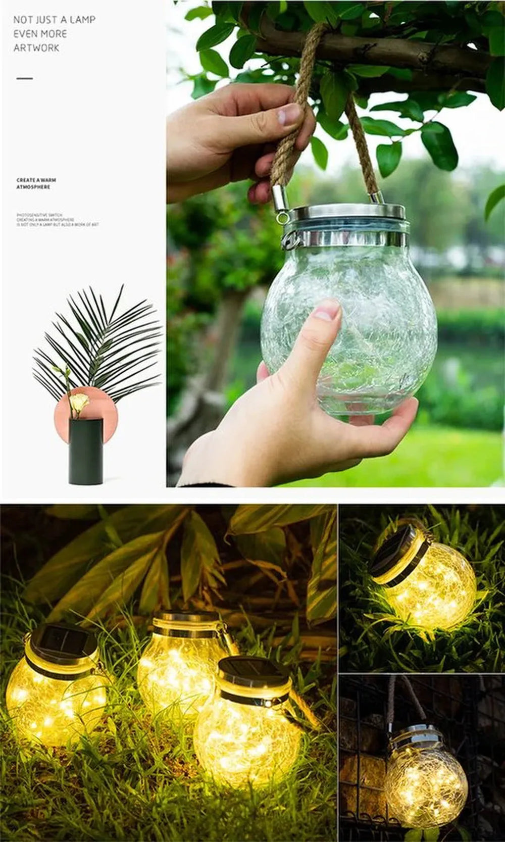 Solar Tuinlampen Buiten – Gebarsten Glazen Pot – 20 LED Koperdraad – IP65 Waterdicht – Warm Wit-Lantaarn-Ilumina Benelux