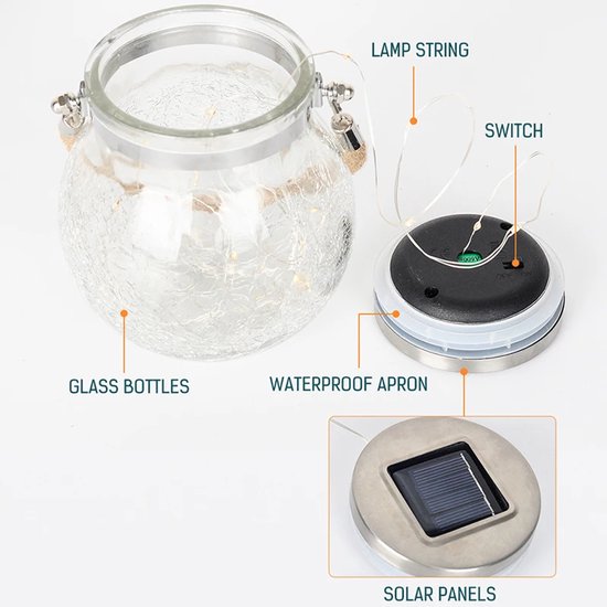 Solar Tuinlampen Buiten – Gebarsten Glazen Pot – 20 LED Koperdraad – IP65 Waterdicht – Warm Wit-Lantaarn-Ilumina Benelux