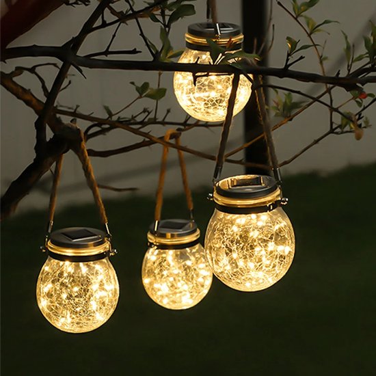 Solar Tuinlampen Buiten – Gebarsten Glazen Pot – 20 LED Koperdraad – IP65 Waterdicht – Warm Wit-Lantaarn-Ilumina Benelux