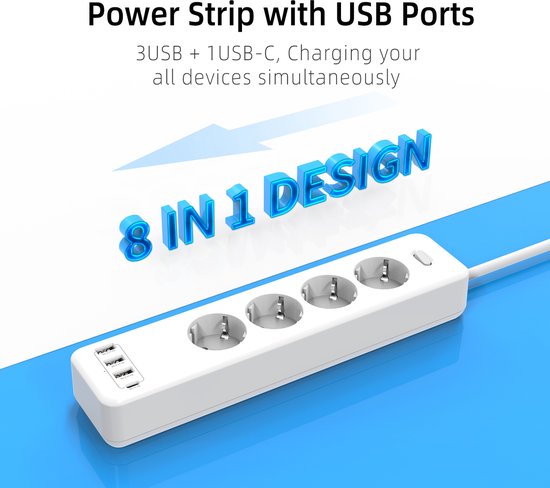 Stekkerdoos met USB – 4 Stopcontacten + 3x USB-A + USB-C – 1,85m Snoer – Kinderbeveiliging – 4000W – Wit-Stekkerdoos-Ilumina Benelux
