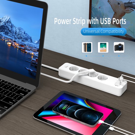 Stekkerdoos met USB – 4 Stopcontacten + 3x USB-A + USB-C – 1,85m Snoer – Kinderbeveiliging – 4000W – Wit-Stekkerdoos-Ilumina Benelux