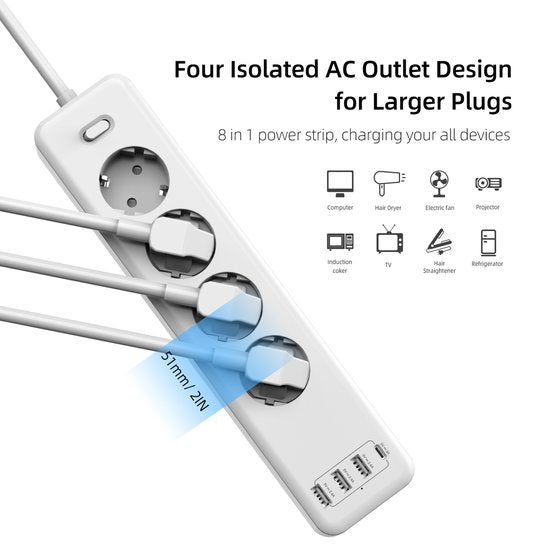 Stekkerdoos met USB – 4 Stopcontacten + 3x USB-A + USB-C – 1,85m Snoer – Kinderbeveiliging – 4000W – Wit-Stekkerdoos-Ilumina Benelux