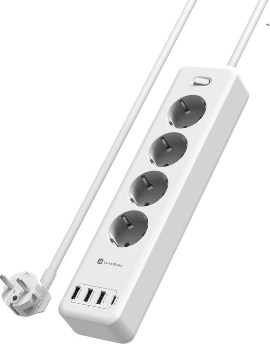 Stekkerdoos met USB – 4 Stopcontacten + 3x USB-A + USB-C – 1,85m Snoer – Kinderbeveiliging – 4000W – Wit-Stekkerdoos-Ilumina Benelux