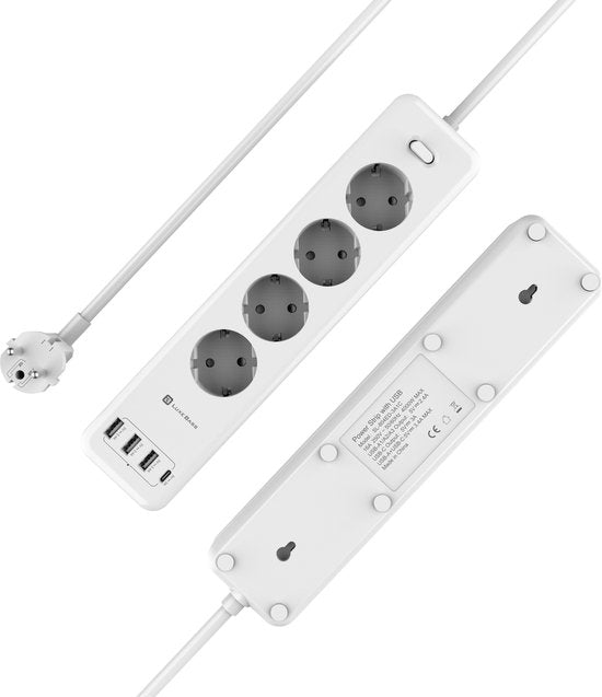 Stekkerdoos met USB – 4 Stopcontacten + 3x USB-A + USB-C – 1,85m Snoer – Kinderbeveiliging – 4000W – Wit-Stekkerdoos-Ilumina Benelux