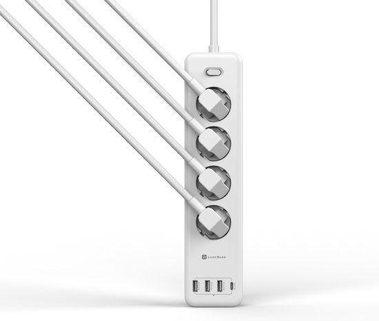 Stekkerdoos met USB – 4 Stopcontacten + 3x USB-A + USB-C – 1,85m Snoer – Kinderbeveiliging – 4000W – Wit-Stekkerdoos-Ilumina Benelux