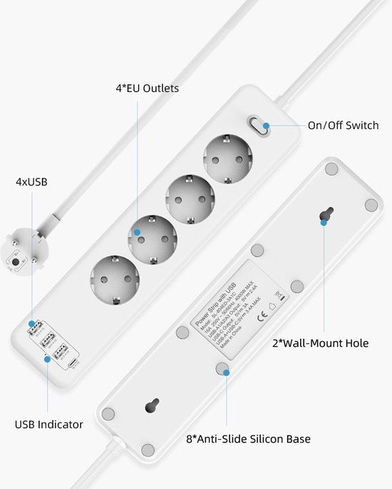 Stekkerdoos met USB – 4 Stopcontacten + 3x USB-A + USB-C – 1,85m Snoer – Kinderbeveiliging – 4000W – Wit-Stekkerdoos-Ilumina Benelux
