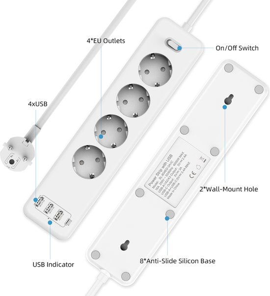 Stekkerdoos met USB – 4 Stopcontacten + 3x USB-A + USB-C – 1,85m Snoer – Kinderbeveiliging – 4000W – Wit-Stekkerdoos-Ilumina Benelux