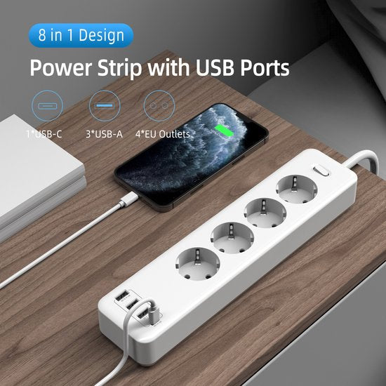 Stekkerdoos met USB – 4 Stopcontacten + 3x USB-A + USB-C – 1,85m Snoer – Kinderbeveiliging – 4000W – Wit-Stekkerdoos-Ilumina Benelux