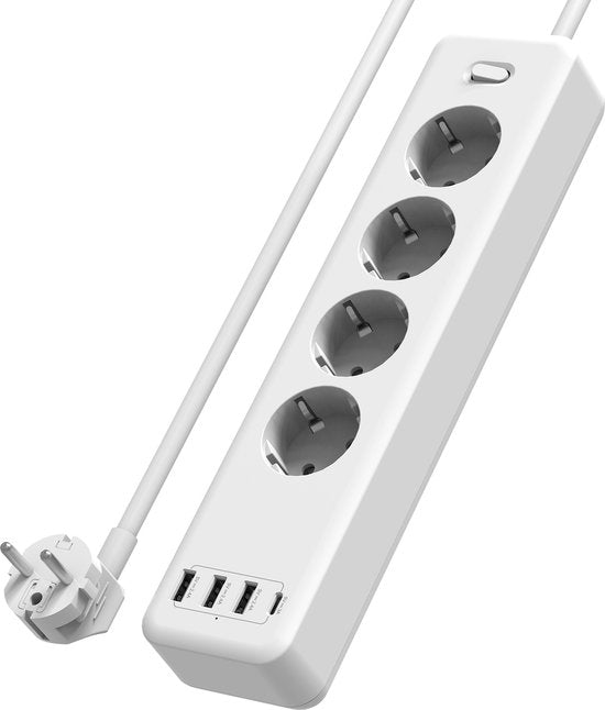 Stekkerdoos met USB – 4 Stopcontacten + 3x USB-A + USB-C – 1,85m Snoer – Kinderbeveiliging – 4000W – Wit-Stekkerdoos-Ilumina Benelux