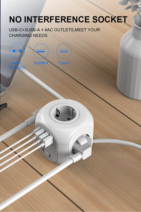 Stekkerdoos met USB – 4 Stopcontacten + 4 USB (incl. USB-C) – Wandmontage – 4000W – 1,8m Kabel – Wit-Stekkerdoos-Ilumina Benelux