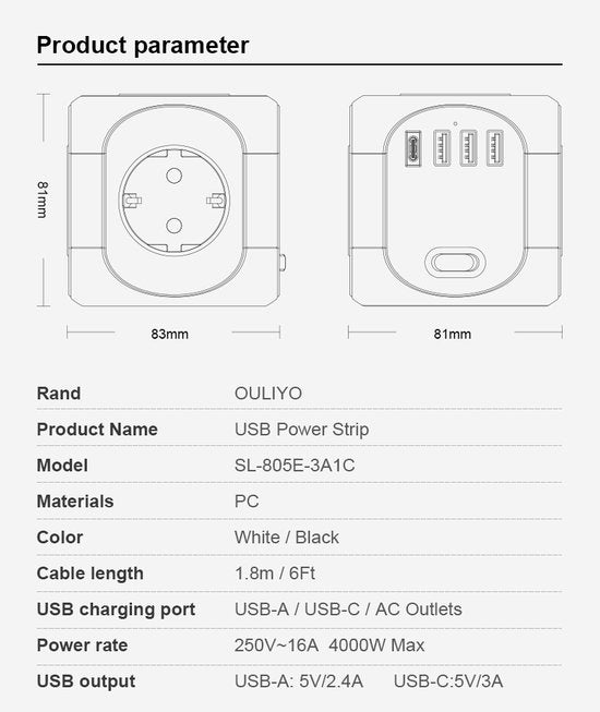 Stekkerdoos met USB – 4 Stopcontacten + 4 USB (incl. USB-C) – Wandmontage – 4000W – 1,8m Kabel – Wit-Stekkerdoos-Ilumina Benelux