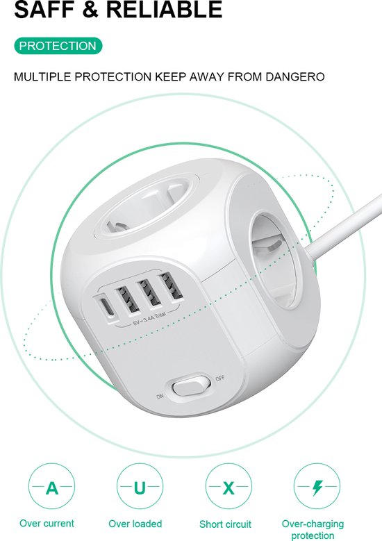 Stekkerdoos met USB – 4 Stopcontacten + 4 USB (incl. USB-C) – Wandmontage – 4000W – 1,8m Kabel – Wit-Stekkerdoos-Ilumina Benelux