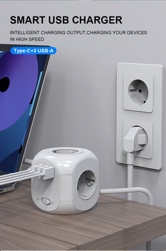 Stekkerdoos met USB – 4 Stopcontacten + 4 USB (incl. USB-C) – Wandmontage – 4000W – 1,8m Kabel – Wit-Stekkerdoos-Ilumina Benelux