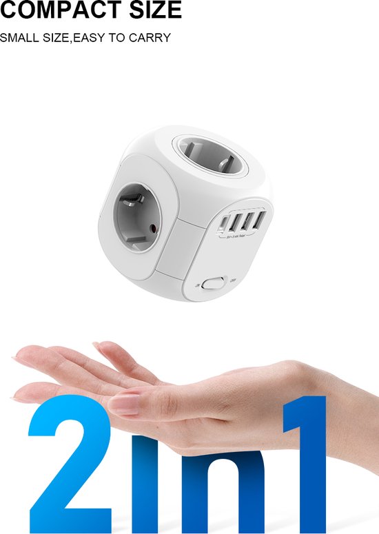 Stekkerdoos met USB – 4 Stopcontacten + 4 USB (incl. USB-C) – Wandmontage – 4000W – 1,8m Kabel – Wit-Stekkerdoos-Ilumina Benelux