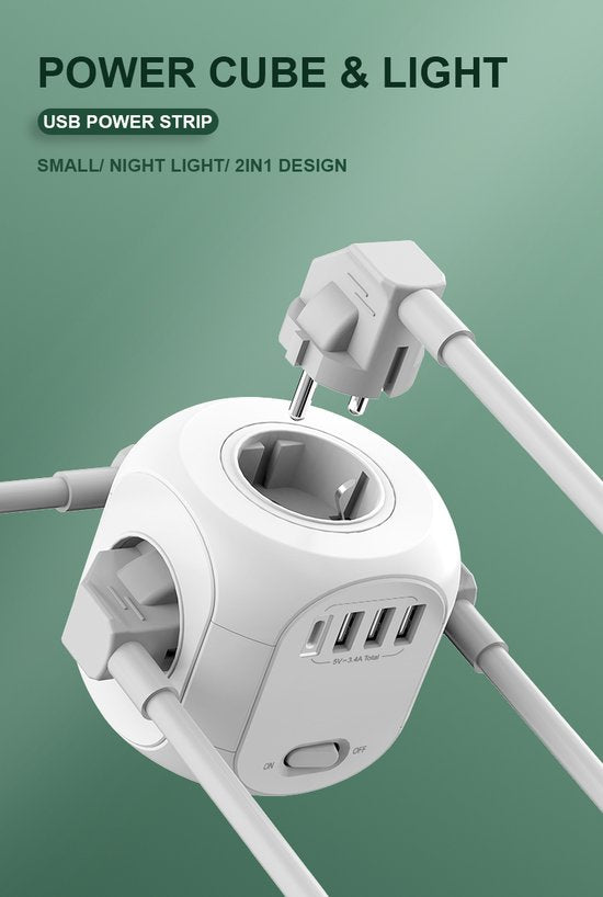 Stekkerdoos met USB – 4 Stopcontacten + 4 USB (incl. USB-C) – Wandmontage – 4000W – 1,8m Kabel – Wit-Stekkerdoos-Ilumina Benelux