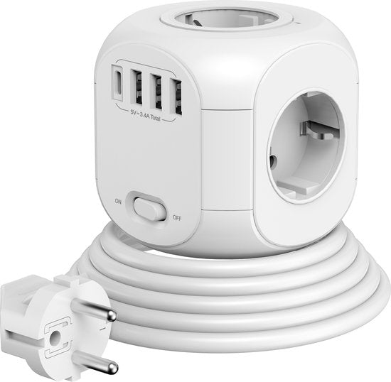 Stekkerdoos met USB – 4 Stopcontacten + 4 USB (incl. USB-C) – Wandmontage – 4000W – 1,8m Kabel – Wit-Stekkerdoos-Ilumina Benelux