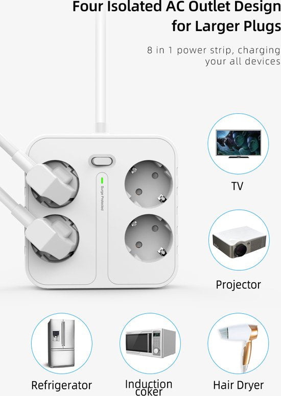 Stekkerdoos met USB – 4 Stopcontacten + 4 USB-poorten incl. USB-C – Wandmontage – 2500W – 1,8m Kabel – Wit-Stekkerdoos-Ilumina Benelux
