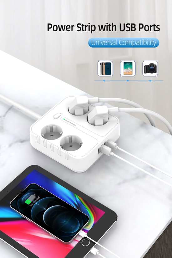Stekkerdoos met USB – 4 Stopcontacten + 4 USB-poorten incl. USB-C – Wandmontage – 2500W – 1,8m Kabel – Wit-Stekkerdoos-Ilumina Benelux