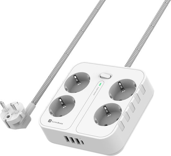 Stekkerdoos met USB – 4 Stopcontacten + 4 USB-poorten incl. USB-C – Wandmontage – 2500W – 1,8m Kabel – Wit-Stekkerdoos-Ilumina Benelux